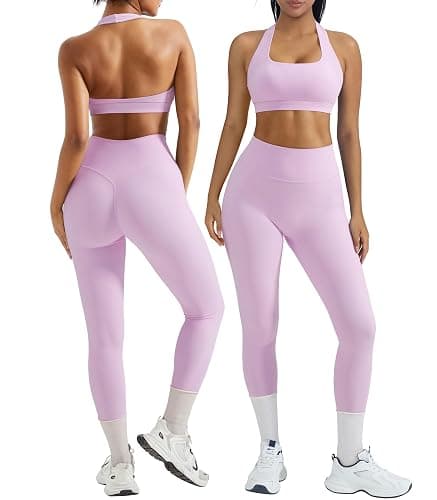 OMKAGI 2 Piece Workout Sets for Women Halter Sports Bras Gym Sets Booty Leggings Outfits - Image 1