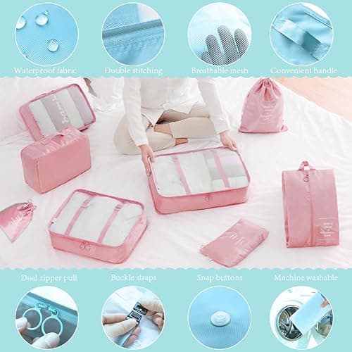 8 Pieces Mesh Packing Cubes for Travel, Luggage Packing Organizers Bags Set, Travel Essentials Suitcases Accessories with Laundry Bag, Storage Shoe Bag, Clothing Underwear Bag (Pink, 8 set) thumbnail 3