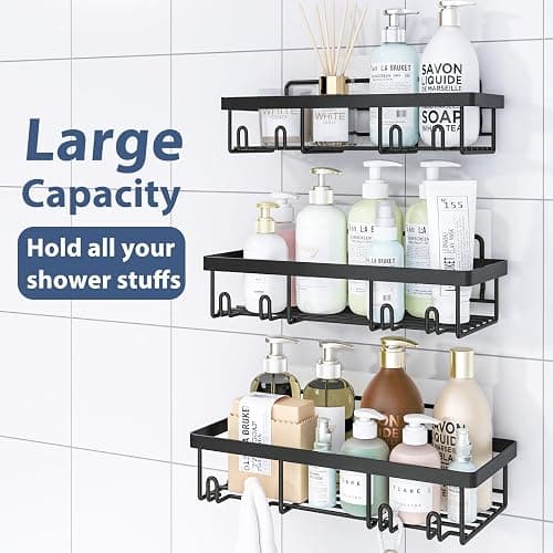 Liuoud 5 Pack Shower Caddy Organizer Rack Shelf for Inside Shower, Adhesive Bathroom Wall Storage Basket Rustproof Stainless Steel Shampoo Holder, Bathroom Accessory Decor Set, Black. thumbnail 3