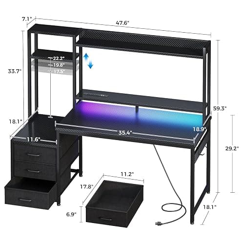 Casaottima 48 Inch Gaming Desk with Hutch & 3 Fabric Drawers, Computer Desk with USB Ports & LED Lights, Reversible Pc Gamer Table with Monitor Stand for Home Office, Carbon Fiber Black thumbnail 3