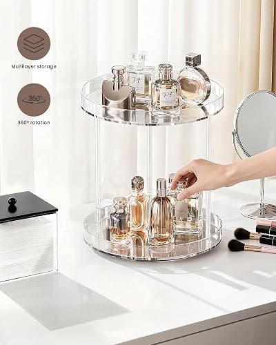 Lolalet 360 Degree Rotating Acrylic Perfume Organizer Stand, 2 Tiers Clear Perfumes Holder Display Rack, Makeup Skincare Organization for Vanity Bathroom Countertop -Large, Clear thumbnail 6
