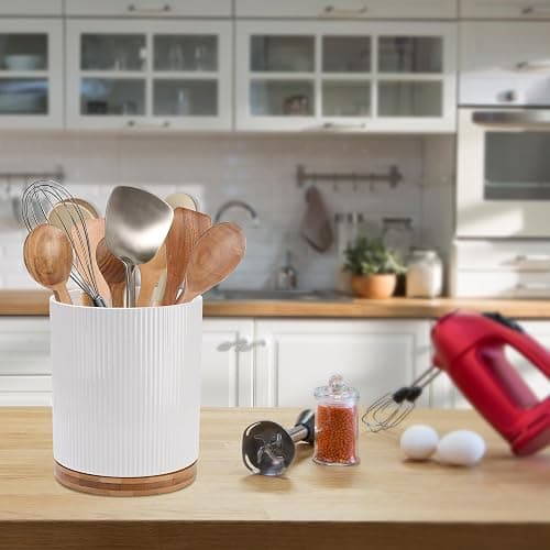 QUELIEN 360° Rotating Kitchen Utensil Holder for Countertop, Large Ceramic Utensil Crock Organizer with Non-Scratch Cork Base, Farmhouse White Cookware Storage Jar, Ideal Housewarming Gift thumbnail 2