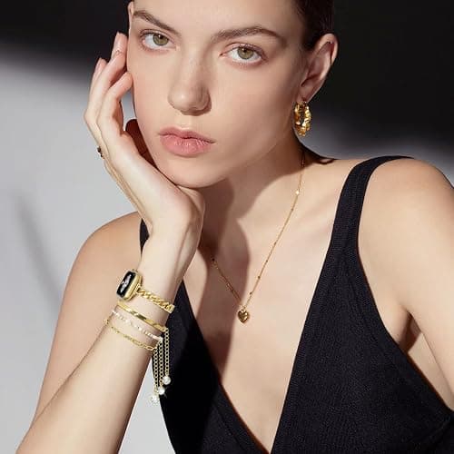 Slim Golden Band and 3Pcs 14k Golden Bracelet Set Women Feminine Elegant Compatible with Apple Watch 38/40/41/42mm(S10/11) Adjustable Metal Dressy Strap for iWatch Series 11/10/9/8/7/6/5/4/SE/3/2/1 thumbnail 7