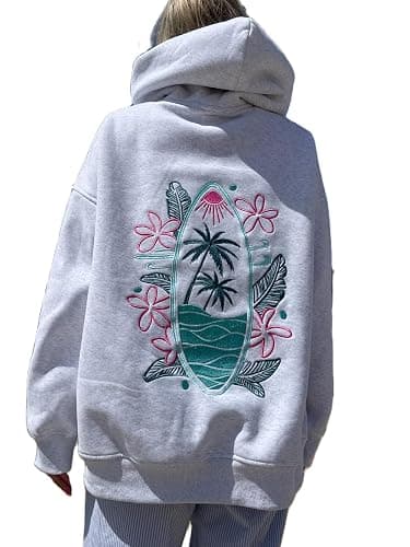 ROAONOCOMO Women Y2K Embroidered Hoodie Floral Graphic Oversized Pullover Hoodie Cute Animal Pocket Hooded Sweatshirts thumbnail 2