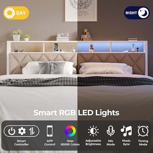 Salamir Full Headboard Only, Headboard for Full Size Bed with Storage, Upholstered Headboards with LED Lights & Charging Station, Attach Frame, Ideal for Bedroom/Dorm/Guest Room, White & Beige thumbnail 4
