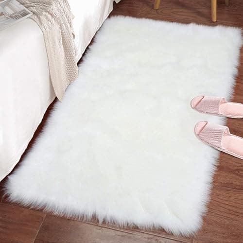 LOCHAS Soft Fluffy Faux Fur Rugs for Bedroom Bedside Rug 2x3 Feet, Washable, Furry Sheepskin Area Rug for Living Room Girls Room, Luxury Shag Carpet Home Decor, White - Image 1