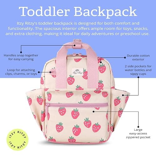 Itzy Ritzy Toddler Backpack - Daycare Bag - Features Adjustable Shoulder Straps, 2 Side Pockets & Spacious Interior with Wipeable Fabric Lining & Name Label, Strawberry Backpack thumbnail 2