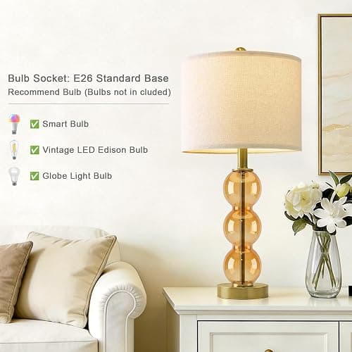 Oneach 25" Amber Glass Table Lamps for Living Room, Glass Modern Table Lamp Set of 2, USB Charging Ports, Linen Shade, Bedside Lamps for Bedroom, Nightstand, Side Table (Bulbs not Included) thumbnail 7