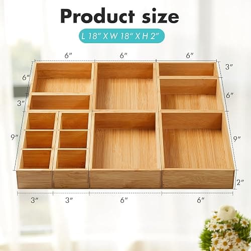 Fabsome Drawer Organizer, Set of 9 Bamboo Wood Kitchen Makeup Desk Junk Tea Drawer Storage Boxes Bins for Cutlery Silverware Utensils Flatware, Small Wooden Container Tray for Bathroom, Office thumbnail 3