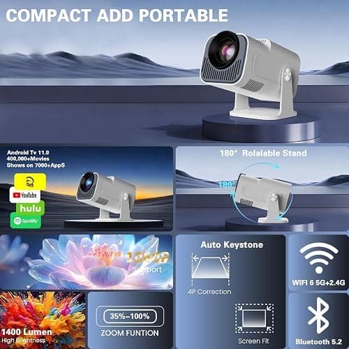 Vidéoprojecteur 4K 1080P WiFi 6 et Bluetooth 5.4 Rotation 180°, Blanc | App intégrée, Mini Projecteur Portable, Auto Keystone, Compatible Con HDMI/TV Stick/Laptop thumbnail 2