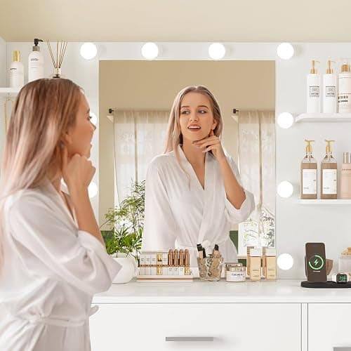 TEENFON Large Makeup Vanity, Vanity Desk with Mirror and Lights, Power Strip, Makeup Vanity Table with 7 Drawers, 4 Shelves and 5 Jewel Hooks, Bedroom, White thumbnail 6