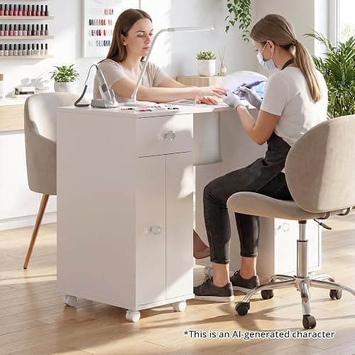 VOWNER Manicure Table Nail Tech Desk with Dust Collector & Storage Drawers | Acetone-Resistant Nail Table, Beauty Salon Station with Dust Bags & Cabinet, Rolling Nail Desk with Lockable Wheels, White thumbnail 5