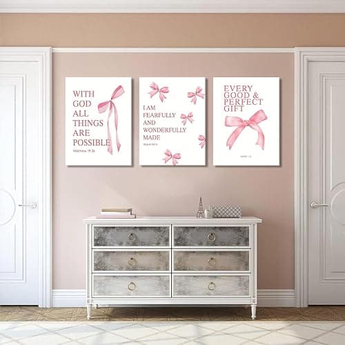 Coquette Pink Bow Canvas Wall Art Set of 3, Inspirational Bible Verses Decor Posters Pictures Prints Aesthetic for Girls Room College Apartment Living Room Bedroom Framed 12x16 Inch thumbnail 7