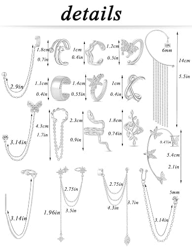 Tornito 17Pcs Ear Cuffs Chain Earrings Snake Butterfly Leaf Non Piercing Clip on Earring Fake Helix Cartilage Earrings Ear Clip Jewelry Silver Gold Tone thumbnail 2