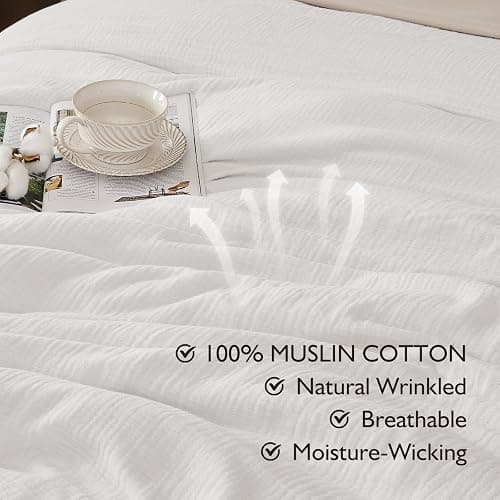 EMME Muslin Cotton Duvet Cover Set Cream White Queen Size Linen Like Soft Breathable Lightweight Summer Comforter Cover Set with Zipper Closure (Cream White, Queen, 90"x90") thumbnail 2