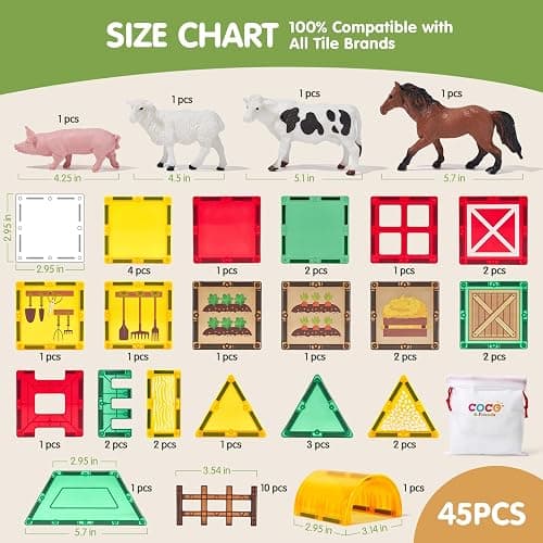 COCO&Friends Magnetic Tiles Farm Animals for Toddlers Kids Ages 3-8 - 45 PCS Magnetic Blocks with Fence Building Toys for 3 Year Old Girl Boy Birthday Gift - Montessori Educational Magnet Toys thumbnail 9
