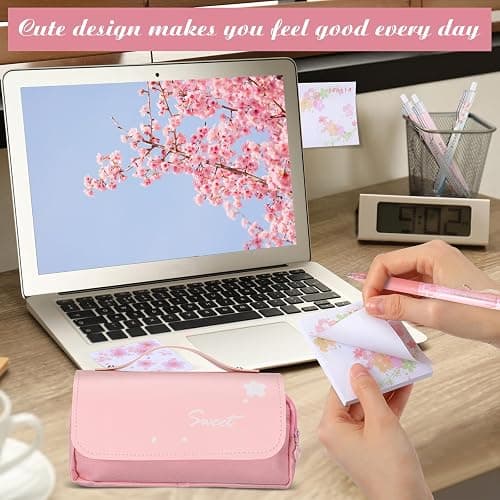 Crtiin 74 Pcs Kawaii Cherry Blossom Stationery Set Japanese Kawaii Pencil Bag Mechanical Pencil Cherry Erasers Pencil Refill and Stickers for Office Party Favors(Pink) thumbnail 3