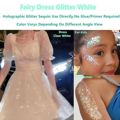 Go Ho Clear White Face Body Glitter - Party Flash Festival Rave Outfits for Women&Kids,Holographic Glitter White Face Paint,Halloween Mermaid Fairy Makeup Chunky Sequins Gel,Rave Pride Accessories thumbnail 5