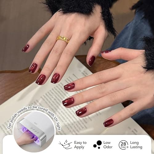 GAOY Red Cat Eye Gel Nail Polish Set 6 Colors, Crimson Allure | Burgundy Brown, Glass Cateye, Glitter, Valentine's Date Night New Year Christmas Nails, DIY Manicure at Home, Gift for Women thumbnail 5