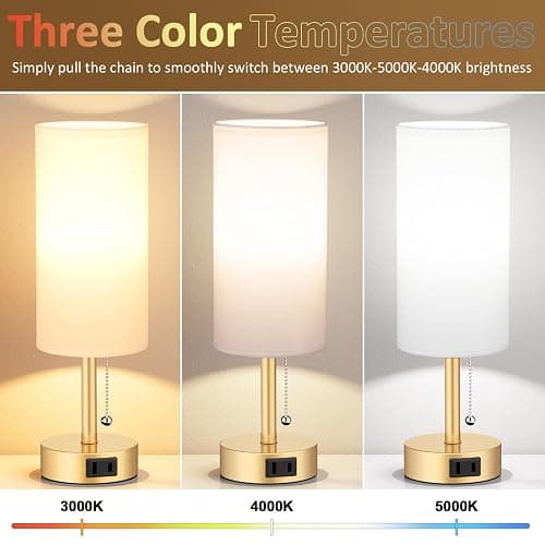 Fenmzee Gold Bedside Table Lamps Set of 2-3 Color Temperatures Pull Chain Lamp with AC Outlet Charging Port, Two Round Night Stand Lamps for Bedroom Office Living Room thumbnail 2