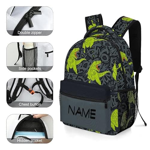 Aicihert Custom Green Dinosaur Roar Backpack Personalized Name Text Backpack Daypacks Customized BookBags School Bag for Student Boys Girls thumbnail 4