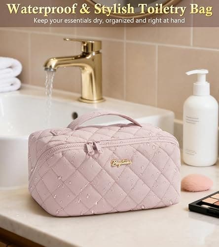 Travel Makeup Bag, 3 Pcs Large Capacity Puffy Toiletry Bag for Women, Open Flat Quilted Make up Cosmetic Organizer w/Handle & Clear Divider Water-resistant Portable Pouch Travel Essentials, L-Black thumbnail 8
