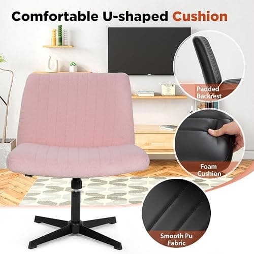 PayLessHere Criss Cross Chair Armless Office Chair No Wheels Modern Swivel Height Adjustable Ergonomic Desk Chair with Wide Seat Computer Task Vanity Chair for Home Office,Pink thumbnail 5
