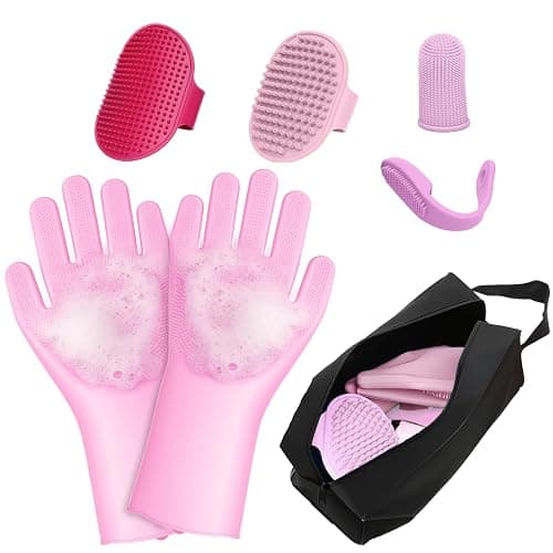 MIYIJHY 7-Piece Pet Grooming Kit with Storage Bag | Portable Bathing Set for Dogs & Cats | Includes Silicone Gloves, Deshedding Brushes & Finger Toothbrushes | All-in-One Pet Care (Pink) - Image 1