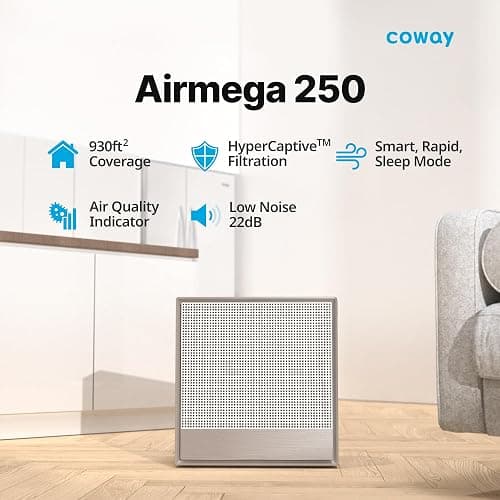 COWAY Air Purifiers for Home Large Room Up to 1,860 ft², Washable Pre-Filter and HEPA Filter for Smoke, Allergies, Pet Dander, Odor, AQI, Smart & Rapid Mode, Timer, 3yr Warranty, Airmega 250 thumbnail 3