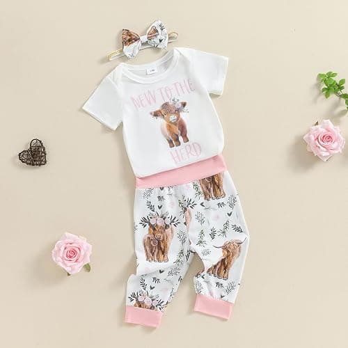 Lenjindjer Western Baby Girl Summer Outfit New to The Herd Short Sleeve Romper Highland Cow Pants 3Pcs Coming Home Outfit thumbnail 2