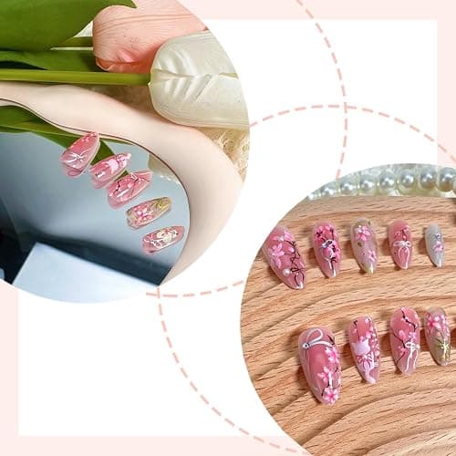30Pcs Pink Flower Press on Nails Medium Almond Fake Nails with 3D Pearl Rhinestones Designs Glue on Nails Peach Blossom Acrylic Nails Cute Cat False Nails Bow Stick on Nails for Women Nail Supplies thumbnail 2