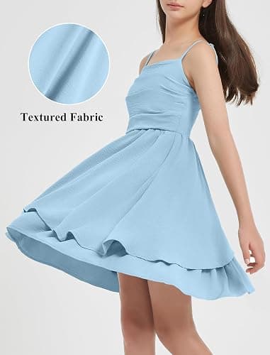 EXARUS Girls Flowy Ruffled Hem/Puff Bubble Dress Teen Ruched Summer Adjustable Spaghetti Strap Casual Cami Mini Dresses - Ruffled - 12 Years - Blue Ruffled thumbnail 3