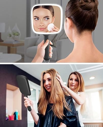 Famihomii Hand Mirror with 3 Light Color & Dimmable, Lighted Handheld Mirror, Lightweight & Durable, Portable & Hangable for Makeup Application, Hair Styling, Shaving, Battery Operated thumbnail 7