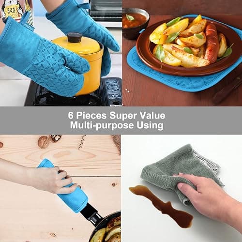 KEGOUU Oven Mitts and Pot Holders 6pcs Set, Kitchen Oven Glove High Heat Resistant 500 Degree Extra Long Oven Mitts and Potholder with Non-Slip Silicone Surface for Cooking (Sky Blue) thumbnail 7