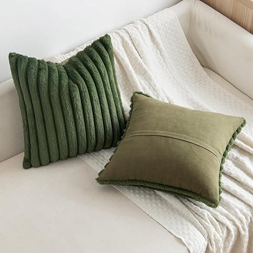 MIULEE Moss Green Throw Pillow Covers 18x18 Inch Set of 2 Soft Pillowcase with Velvet Back Faux Rabbit Fur Cushion Covers Decorative Home Decor for Couch Sofa Bedroom Livingroom - 45L x 45W cm (Pack of 2) - Moss Green thumbnail 2
