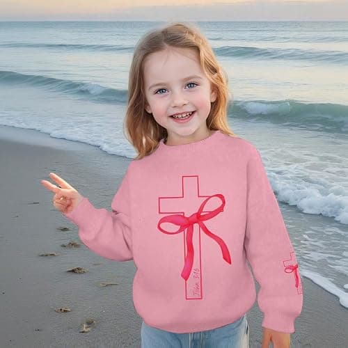 Lubpow Girls Christian Sweatshirt Kids Cute Pink Bow Sweatshirts Teens Aesthetic Cross Graphic Long Sleeve Shirt Pullover Top thumbnail 4