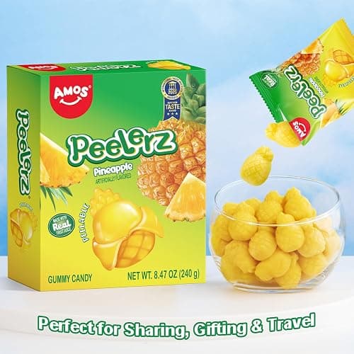 AMOS Peelerz Pineapple Gummy Candy, Peelable Naturally Flavored Fruit-Shaped Easter Candy, 8.47oz Box with 10 Individual Packs – Fun Peeling Gummy Snack Made with Real Juice thumbnail 7
