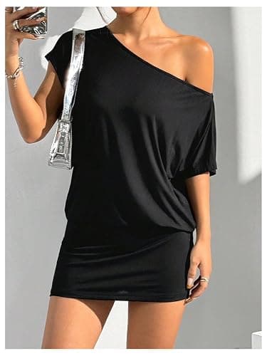SOLY HUX Women's Off The Shoulder Mini Dress Asymmetrical Neck Short Sleeve Casual Bodycon T Shirt Dresses thumbnail 4