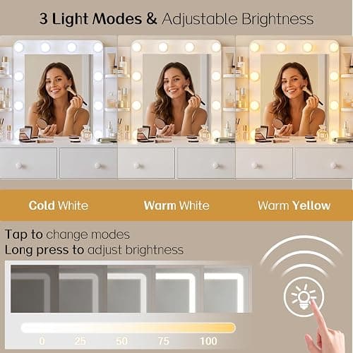 FUXA Makeup Vanity Desk with LED Mirror and Charging Station, Vanity Table Set with Storage Drawers, Shelves and Chair, Dressing Table with 3 Lighting Modes for Bedroom, White thumbnail 4