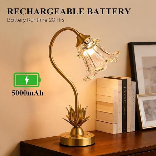 Cordless Flower Table Lamp with Glass Lampshade, 5200mAh Rechargeable Battery, 3-Color Dimmable Touch Control, Portable Desk Lamp for Nightstand, Patio, Camping, Restaurant & Home, Transparent thumbnail 7