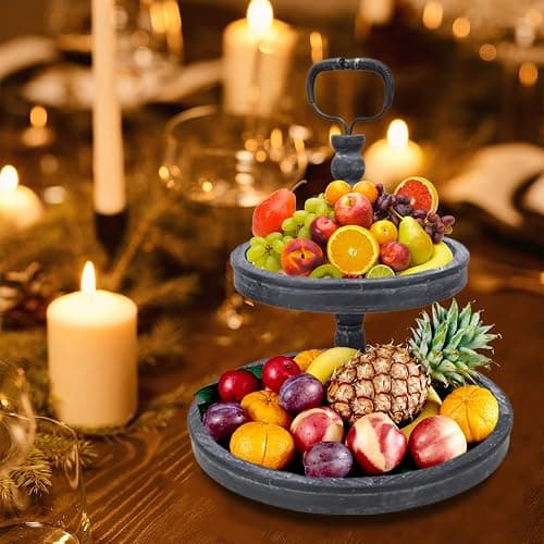 Vipush Farmhouse Two Tiered Tray,Distressed Wood Two Tier Tray,Decorative Rustic Wooden 2 Tier Serving Tray Cake Stand for Kitchen and Seasonal Decor,Black thumbnail 2