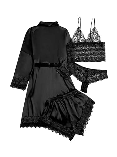WDIRARA Women' Silk Satin Pajamas Set 4pcs Lingerie Floral Lace Cami Sleepwear with Robe thumbnail 2