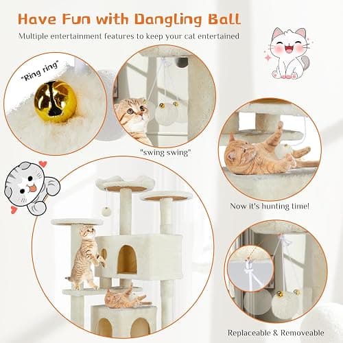 Sweetcrispy 54-inch Cat Tree Tower with Scratching Posts, Indoor Use | Multi-Level Indoor Cat Tree Condo with Climbing Ladder, Plush Toy, Play House for Kitten, Beige thumbnail 2