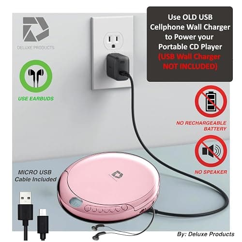 Deluxe Products CD Player Portable with 60 Second Anti Skip, Stereo Earbuds, Includes Aux in Cable and AC USB Power Cable for use at Home or in Car. Pink thumbnail 5