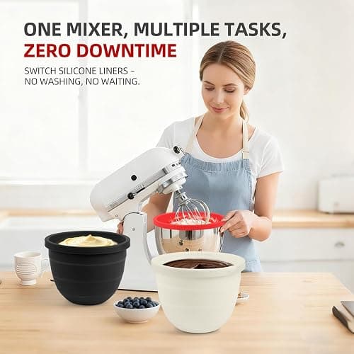 Foldable Silicone Liners for Kitchenaid Tilt-Head 5 QT Mixer - Dishwasher-Safe Food-Grade Silicone Bowl Insert - Simple to Use Mixer Accessories for Effortless Baking Prep (Black+Off-White+Red) thumbnail 2