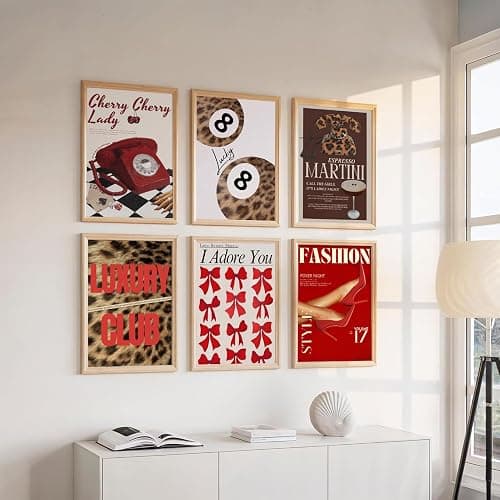 6Pcs Trendy Leopard Wall Art Gallery Girly Prints Red Fashion Wall Canvas Pictures Preppy Funky Aesthetic Lucky Decor posters prints for Girly Bedroom Dorm Apartment Living room Decorations Unframed thumbnail 2