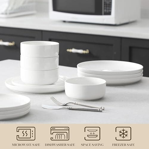 MALACASA Plates and Bowls Sets, 12 Pieces Porcelain Dinnerware Sets Dishware Sets Chip Resistant Ceramic Dish Set Dining Dinner Ware Service for 4, White, Series LUNA thumbnail 4