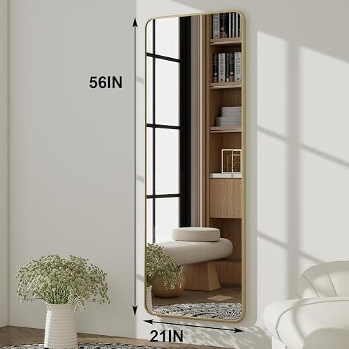HARRITPURE 56" x 21“ Full Length Mirror - Rounded Corner Floor Mirror with Stand, Gold Aluminum Frame Full Body Mirror, Hanging/Leaning/Standing Mirror for Bedroom, Cloakroom thumbnail 3