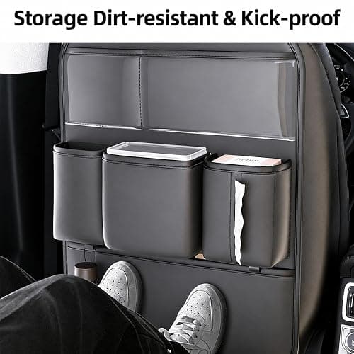 Leather Car Seat Back Organizer, Backseat Kick Mat Protector with Clear Touchscreen Tablet Holder, Cup Holder, Tissue Holder and Storage Pockets, Fits Cars SUVs Minivans, Black thumbnail 8