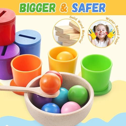 Ball in Cups Toddler Montesssori Toys for 1 Years Old, Rainbow Color Sorting Toy Coin Box Matching Game, Wooden Learning Color for Baby Toddler Age 1-3, Fine Motor Developmental Infants Sensory Toy thumbnail 5